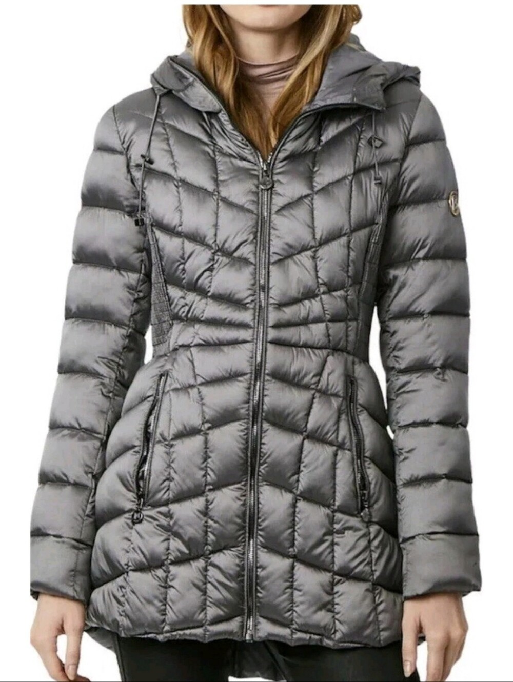 Bernardo EcoPlume Hooded Packable Quilted Puffer Jacket-Charcoal Size XS